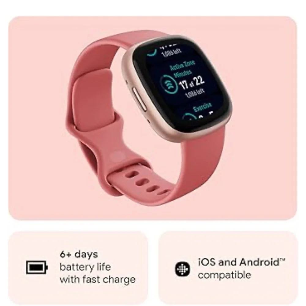 Fitbit Versa 4 Fitness Smartwatch ⌚✨ – Pink Sand/Copper Rose w/ Bling Band‎ NIB
